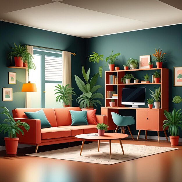 Interior moderno de la sala de estar con sofá, plantas, TV, ilustración 3D, diseño interior moderno de la habitación con wi