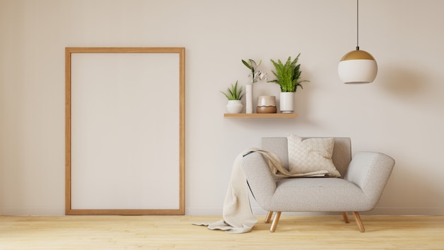 Interior moderno de la sala de estar con sofá y plantas verdes, lámpara, mesa en la sala de estar