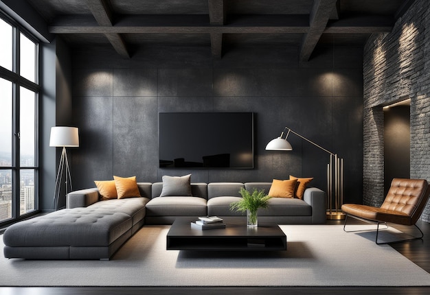 Interior moderno de una sala de estar Ático Loft con paredes de piedra oscura Rendering 3d