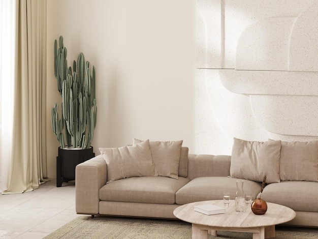 Interior moderno de la sala de estar en tonos beige con sofá y mesa de centro cactus y panel de pared de piedra 3d render