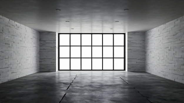 Interior moderno de sala de estar vacía pared blanca y piso de hormigón con ventana de marco negro