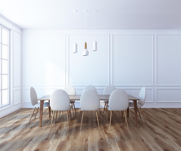 Interior moderno de sala de juntas con paredes blancas, suelo de madera, una mesa larga con sillas blancas y grandes ventanales. maqueta de renderizado 3d