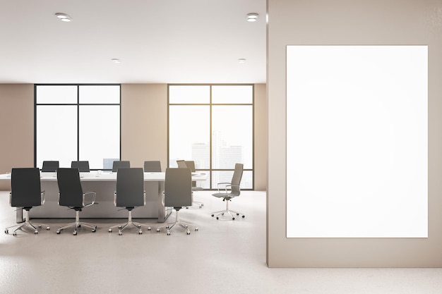 Interior moderno de la sala de reuniones con afiche vacío en muebles de pared con vistas a la ciudad y renderizado 3D a la luz del día