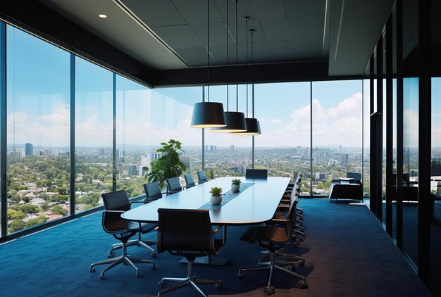 Interior moderno de la sala de reuniones de la oficina con ventanas de vidrio