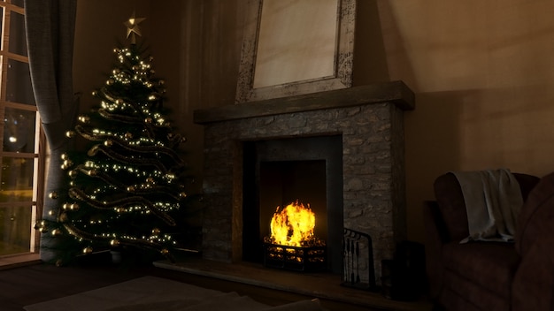 Interior moderno de salón 3D con árboles de Navidad decorativos y chimenea