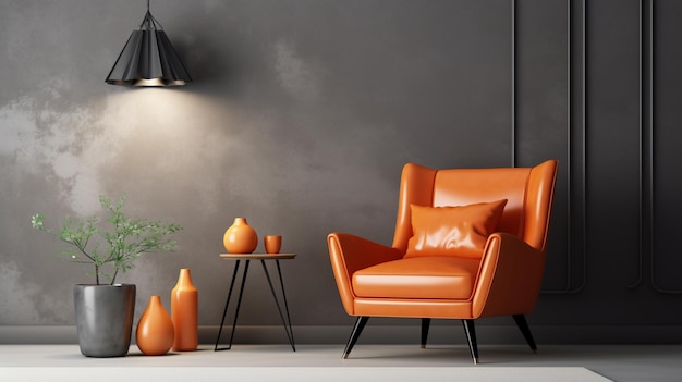 Interior moderno con sillón de cuero de color naranja mesa de café Sconce pared gris
