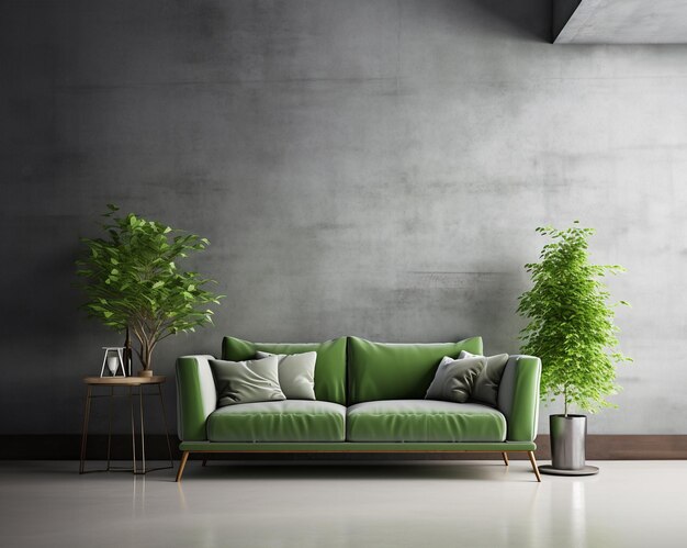 Interior moderno sofá verde de pared de hormigón