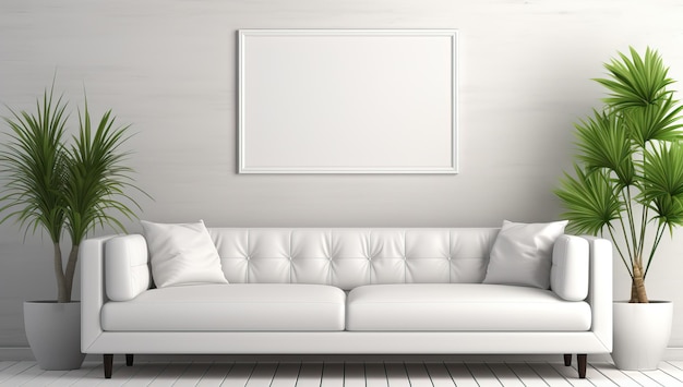 Interior moderno con sofás blancos y carteles en blanco.