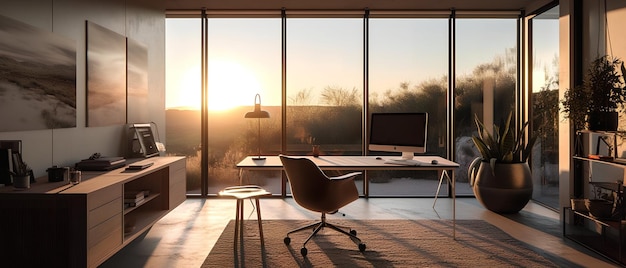 Interior moderno y soleado en el lugar de trabajo con materiales naturales