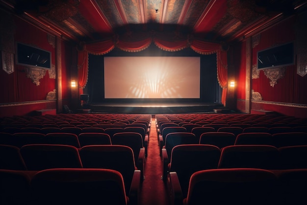 Interior moderno vazio do cinema com tela e assentos Generative AI