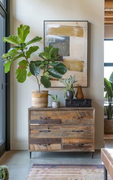 Interior moderno con vegetación y armario de madera