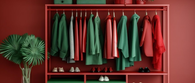 Interior moderno de vestidor con estantes de zapatos elegantes y ropa de mujer con colores de ambiente navideño