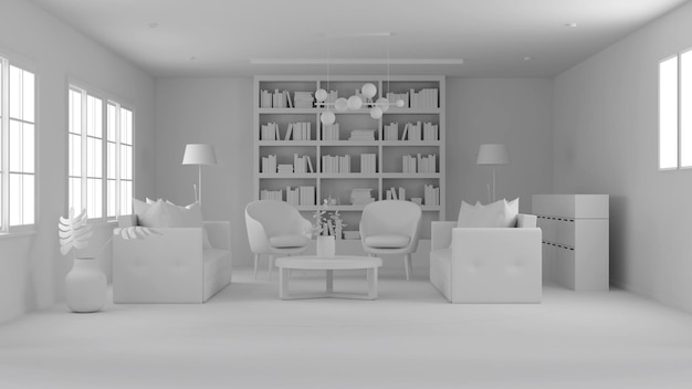 Interior monocromático da sala de estar em estilo aconchegante com estante