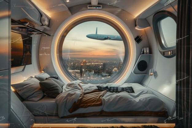 Interior de la nave espacial del hotel con ventana panorámica espacio de copia de dormitorio del albergue de cápsula futurista