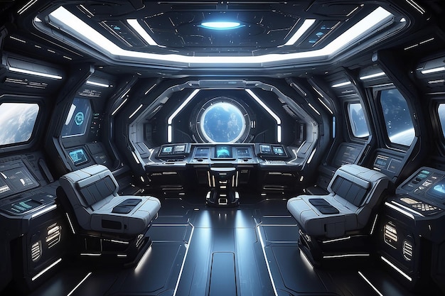 Foto un interior de una nave espacial interestelar con paneles de control, dormitorios y una cubierta de mando central