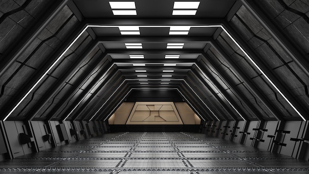 Interior de la nave espacial o de la estación espacial interior del corredor del túnel SciFi con renderizado 3D de espacio vacío