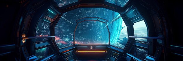 Interior de nave espacial oscura con luces azules y rojas brillantes Nave espacial futurista con ventana grande