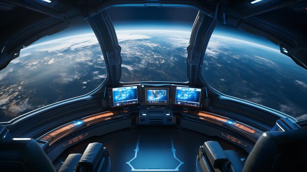 Interior de nave espacial con vista a la tierra renderizado 3d