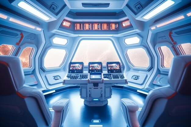 Interior de nave espacial con vista desde la ventana 3D rendering