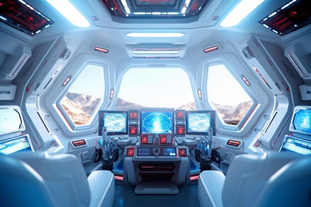 Interior de nave espacial con vista desde la ventana 3D rendering