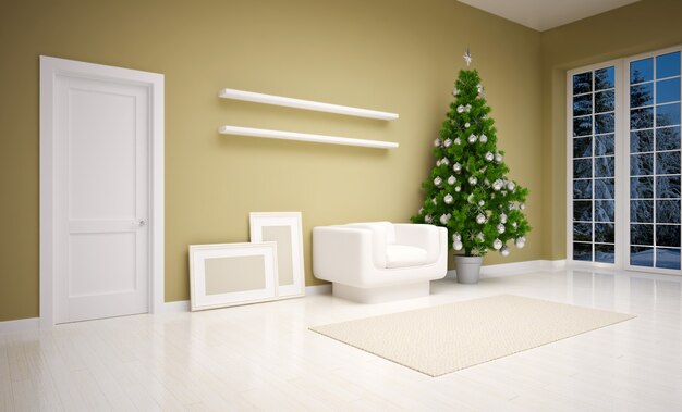 Interior de Navidad con árbol de Navidad y sillón