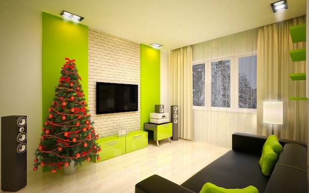 Interior de Navidad con árbol de Navidad y sofá