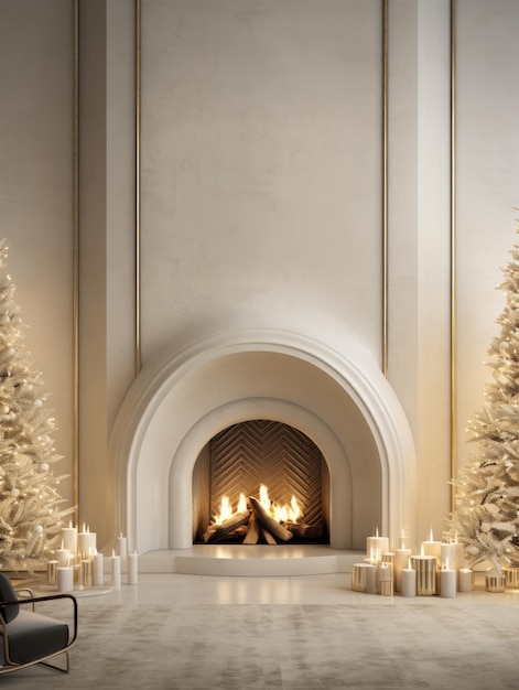 Foto interior de navidad con arcos de chimenea decoración de árboles de alfombra regalos ai generados