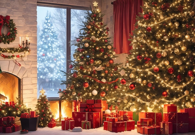 Foto interior de navidad magia árbol brillante chimenea regalos en la oscuridad de la noche