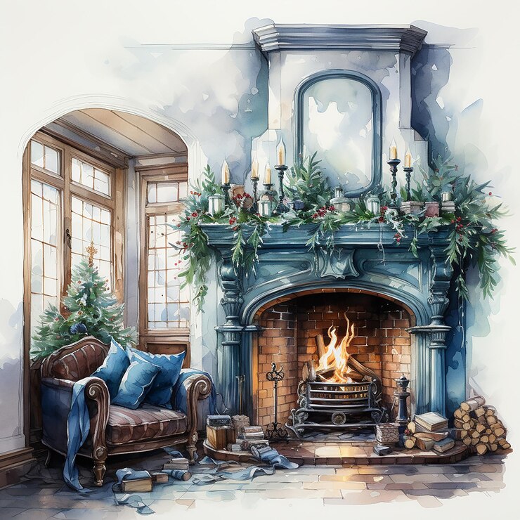 Interior navideño con chimenea acuarela.