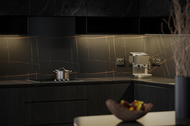 Interior negro en la cocina moderna con tecnología inteligente renderización 3D