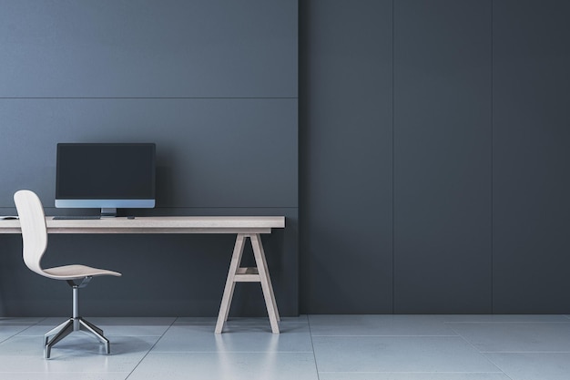 Interior negro minimalista moderno con lugar de trabajo y monitor de computadora maquillaje de lugar en la pared 3D Rendering