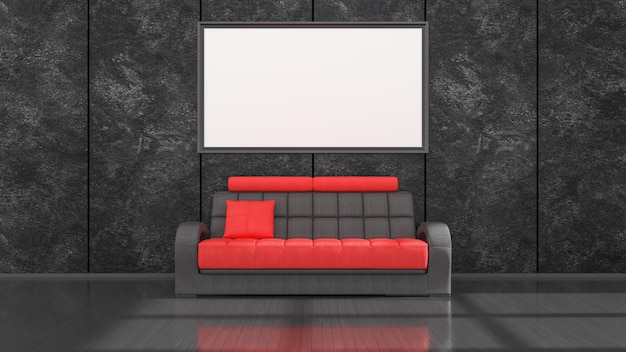 Interior negro con moderno sofá negro y rojo y marcos para maqueta, ilustración 3d