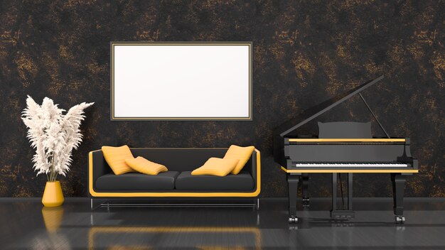 Interior negro con piano de cola negro y amarillo, sofá y marco para maqueta, ilustración 3d