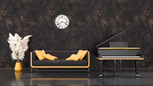 Interior negro con un piano de cola negro y amarillo, un sofá y un reloj antiguo, ilustración 3d