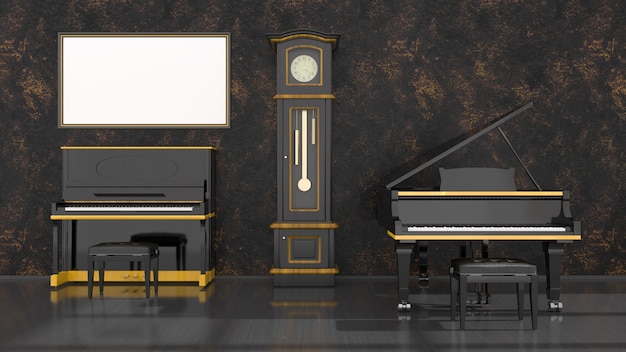 Interior negro con piano negro y amarillo, piano de cola y marco para maqueta, ilustración 3d