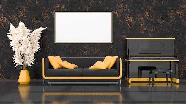 Interior negro con piano negro y amarillo, sofá y marco para maqueta, ilustración 3d