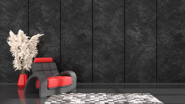 Interior negro con sillón negro y rojo para maqueta, ilustración 3d