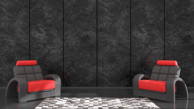 Interior negro con sillón negro y rojo para maqueta, ilustración 3d