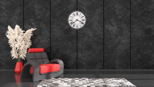 Interior negro con sillón negro y rojo y reloj para maqueta, ilustración 3d