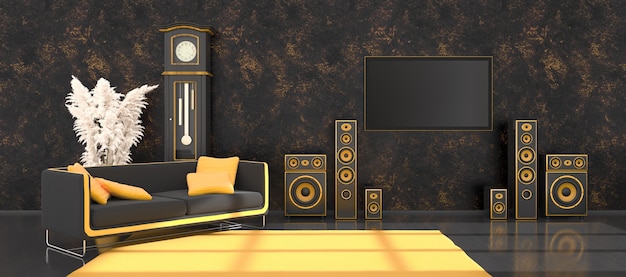 Interior negro con sistema de altavoces de diseño moderno en negro y amarillo, reloj antiguo y TV, ilustración 3d
