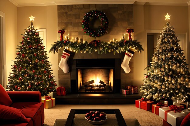 Interior de la noche de la chimenea del árbol de Navidad