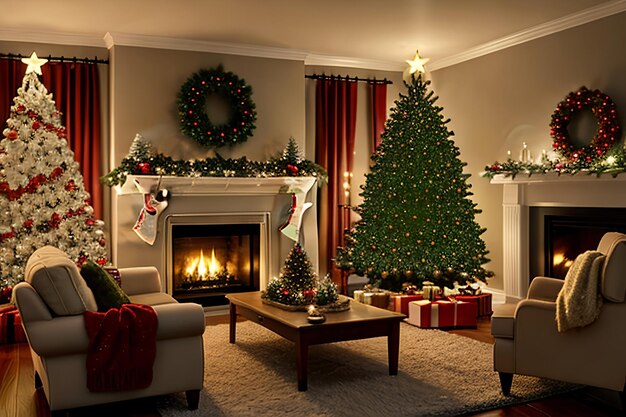 Interior de la noche de la chimenea del árbol de Navidad