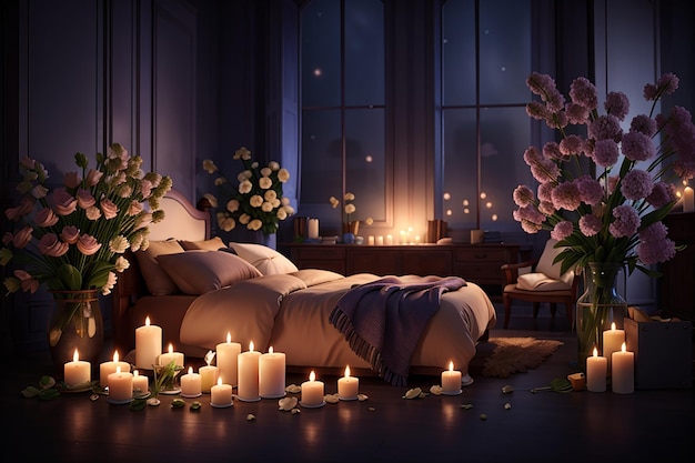 Interior nocturno del dormitorio con flores y velas encendidas