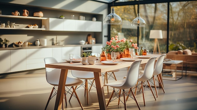 Interior novo e moderno da cozinha com móveis brancos e mesa de jantar