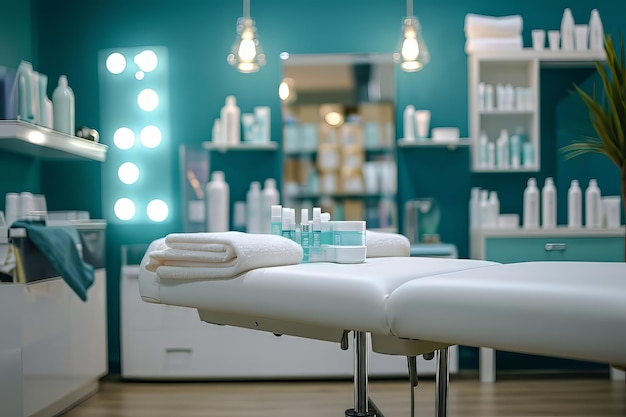 Interior de un nuevo salón de belleza con mesa de masaje de spa y un conjunto de productos para el cuidado de la piel listos para su uso
