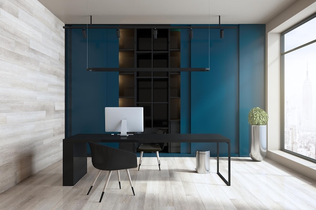 Interior de oficina azul moderno con suelo de madera vista de la ciudad luz solar y lugar de trabajo 3D Rendering