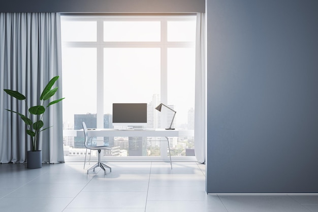 Interior de oficina en casa moderno con lugar de maqueta vacío en equipo de muebles de pared ventana panorámica con cortinas con vista a la ciudad y pisos de concreto 3D Rendering