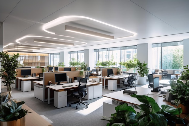 Interior de oficina contemporáneo con muebles y equipos de luz natural con vista a la ciudad