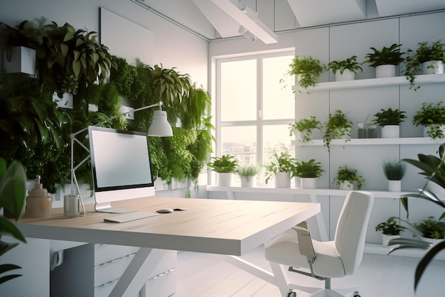 Interior de oficina de coworking contemporáneo con computadoras y plantas Concepto de lugar de trabajo IA generativa