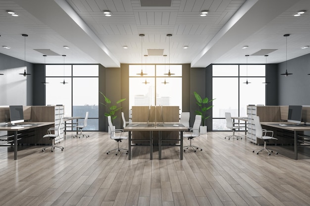 Interior de oficina de coworking contemporáneo con ventanas y vistas a la ciudad, suelos de madera y luz solar 3D Rendering